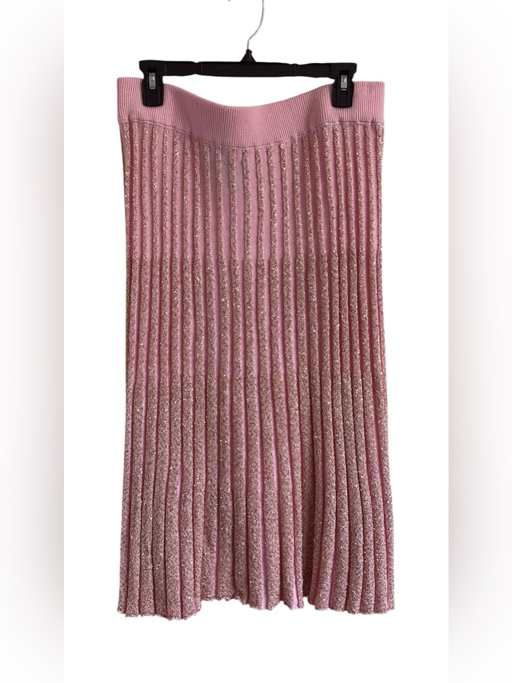 Kayla By Tally Taylor Pleated Pink and Gold Metallic Knit Midi Skirt